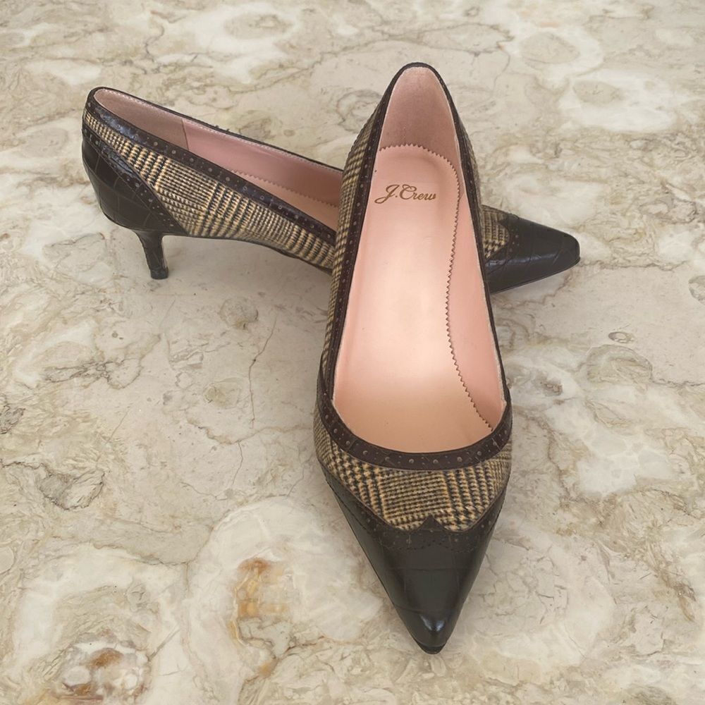 NWOT J. Crew Leather & Textile Pointer Toe Kitten Heel Pumps